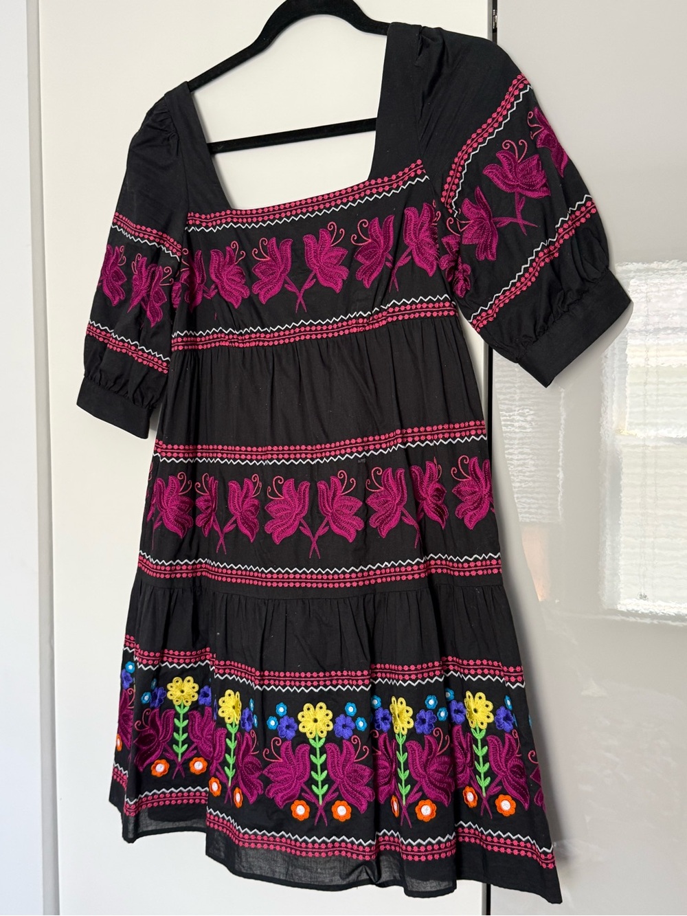 Moda International Black Mini Dress with Pink & Multicolor Floral Embroidery